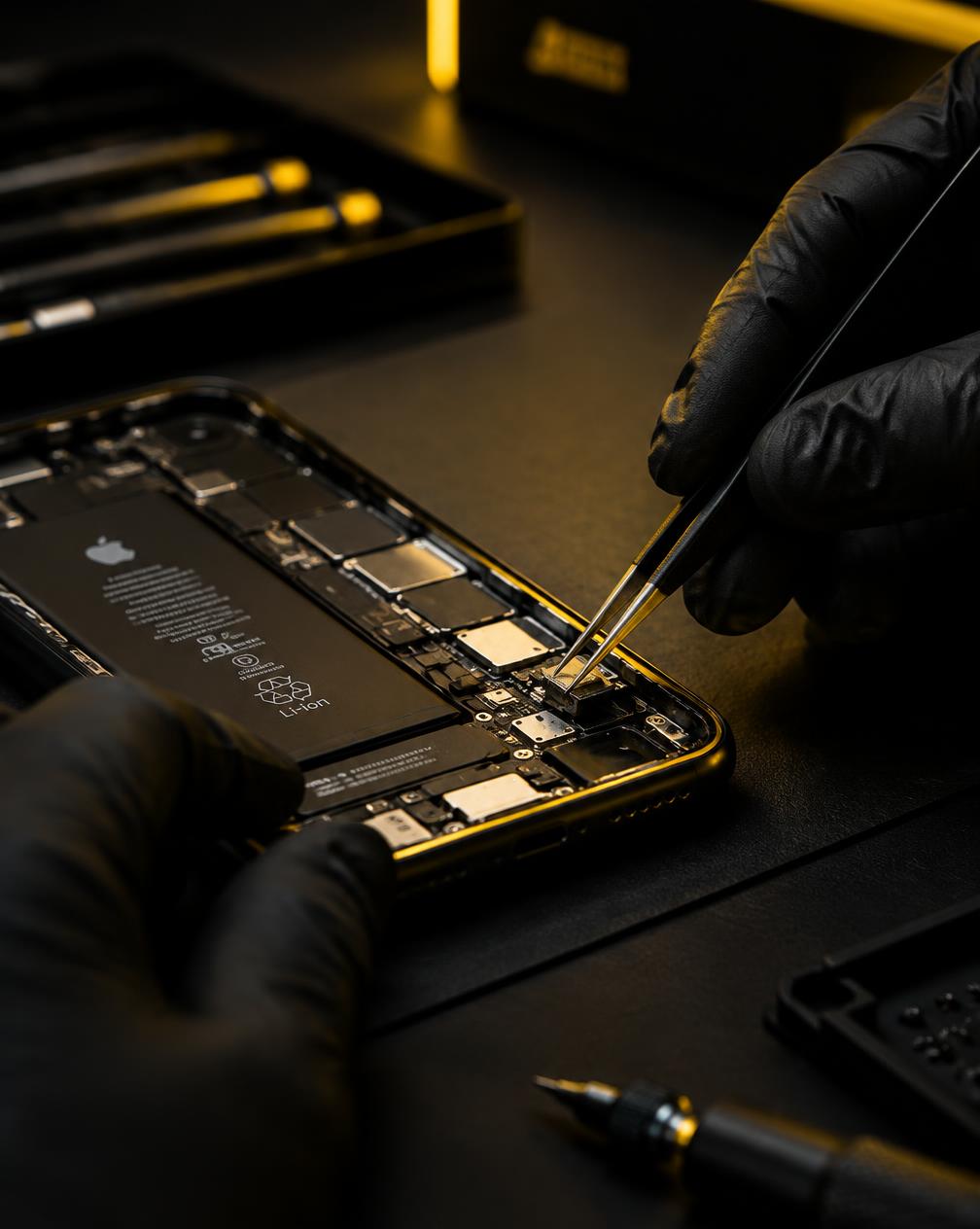A Phone Plug technician repairing a smartphone at the workbench